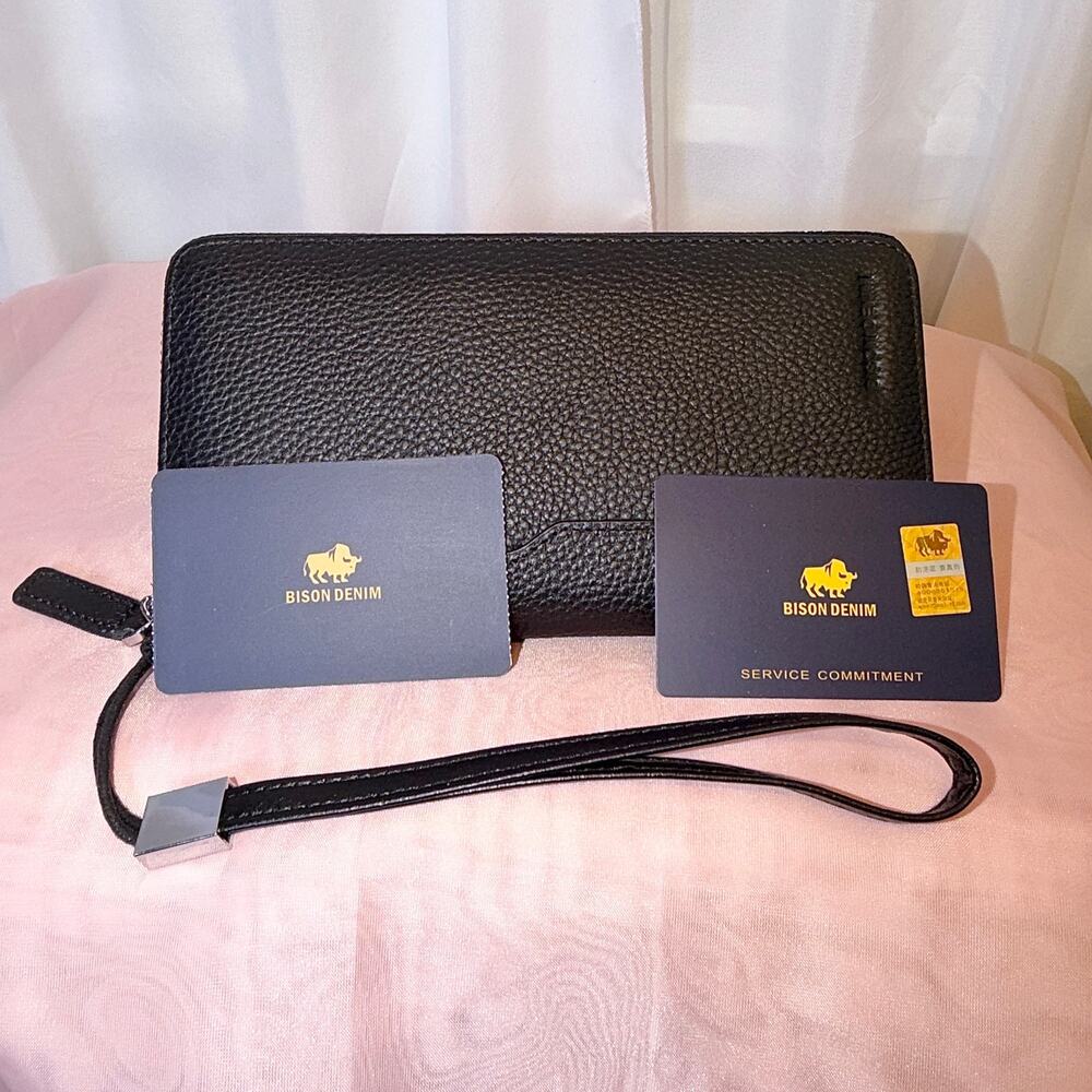 NWT Bison Denim Pebbled Leather Long Wallet with Wristlet Strap